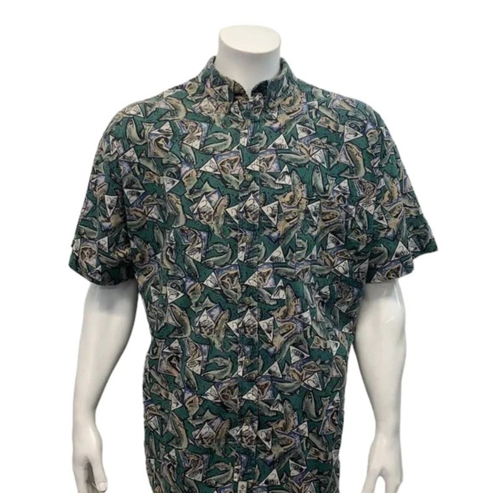 Columbia Green Tan Blue Fish-Lures Short Sleeve Button Front Shirt Size 2XL XXL